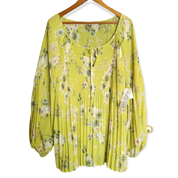 Como Vintage Chartreuse Green Floral Print Pleated Bubble Sleeve Tunic Size 3X - Picture 1 of 10